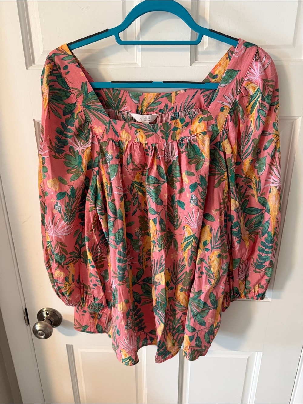 LC Lauren Conrad Square Neck Tropical Bird Peasant Top Peach/Green Floral XL